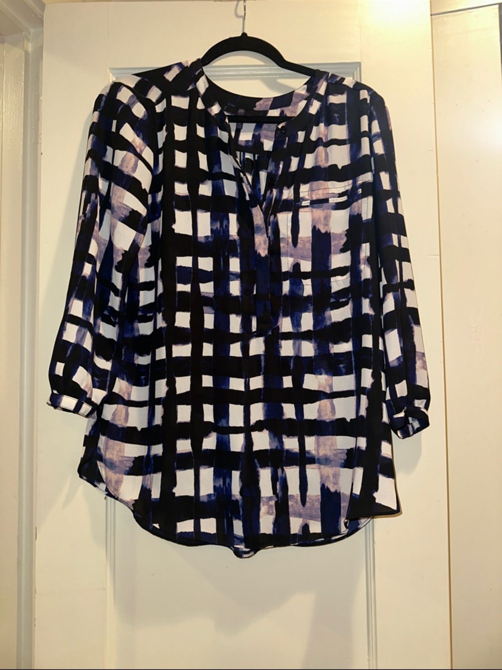 NYDJ Navy, Black & White Artistic Grid Split-Neck Blouse